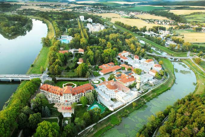 Aerial view of the Piešťany spa island on the Váh river
